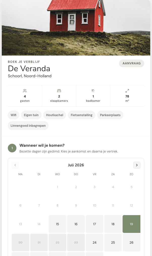 The booking page of a holiday property with photo, details and an availability calendar