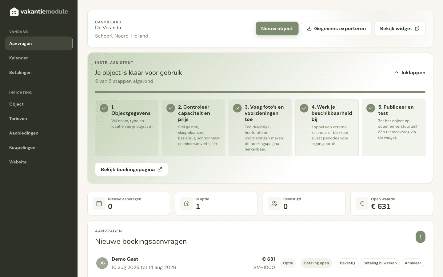 The Vakantiemodule dashboard with the setup assistant, key figures and an incoming request